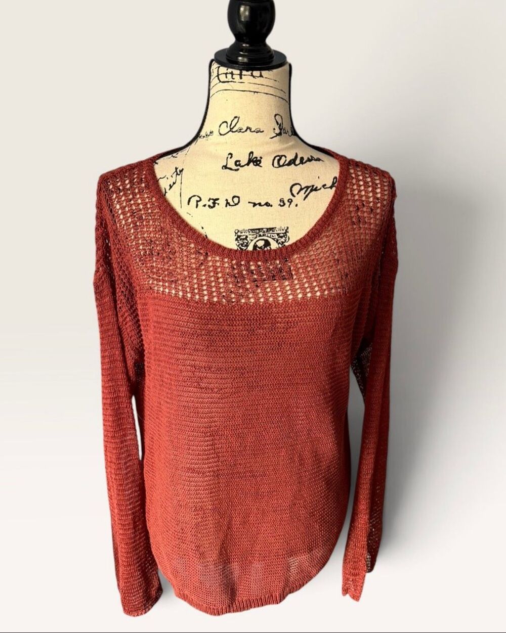 NWT Lucky Brand 100% Linen Open Knit Sweater Top L Terracotta Rust Boho Scoop Ne